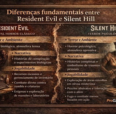 Resident Evil e Silent Hill destacando diferenças entre survival horror e terror psicológico