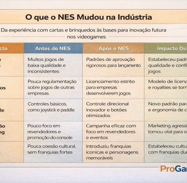 Tabela comparativa mostrando as principais mudanças do NES na indústria dos videogames