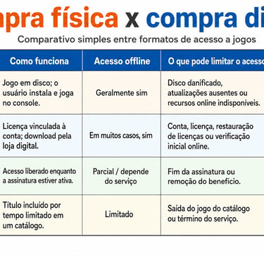 Jogador observa biblioteca digital com licença, cadeado e horizonte futurista.