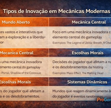 Quadro mostra tipos de inovação em mecânicas modernas de gameplay com exemplos práticos