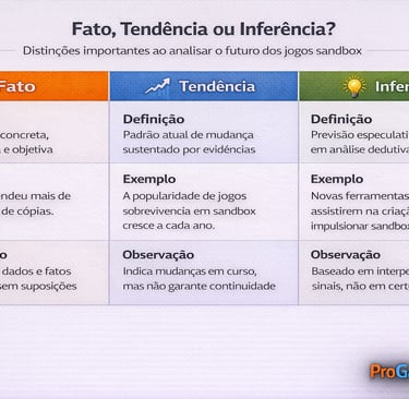 Quadro comparando fatos, tendências e inferências sobre o futuro dos jogos sandbox