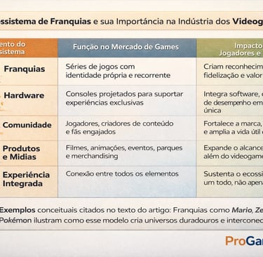 Quadro explicativo mostrando os elementos que formam um ecossistema de franquias nos videogames