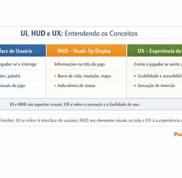 Quadro explicativo com definições de UI, HUD e UX em jogos.