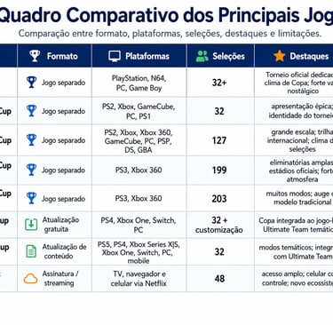 Tabela compara jogos oficiais da Copa entre 1998 e 2026.