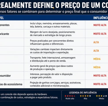 Quadro mostra fatores que influenciam o preço final de um console