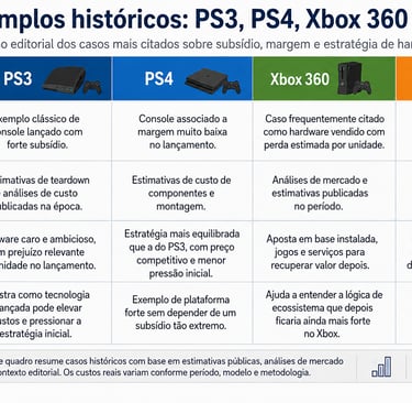 Quadro compara PS3, PS4, Xbox 360 e Switch em margem e subsídio.