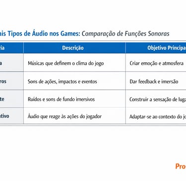 Quadro comparativo dos tipos de áudio nos games e suas funções principais.
