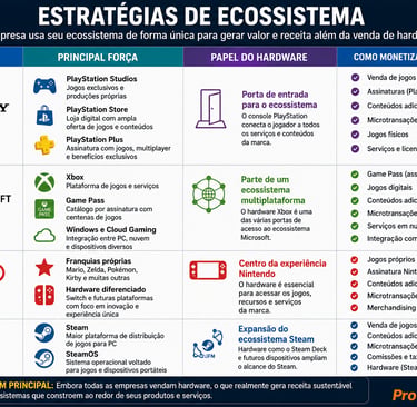 Quadro compara estratégias de ecossistema de Sony, Microsoft, Nintendo e Valve