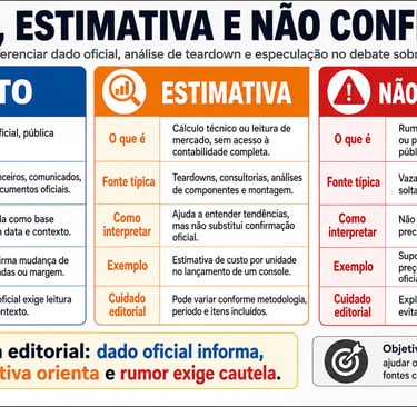Quadro diferencia fato, estimativa e dado não confirmado sobre consoles.