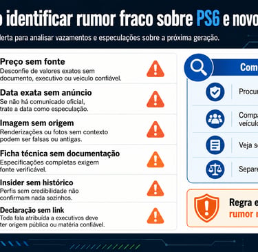Quadro mostra sinais de rumor fraco sobre PS6 e novo Xbox.
