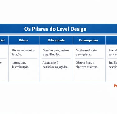 Quadro com os pilares do level design: leitura, ritmo, dificuldade, recompensa e flow.