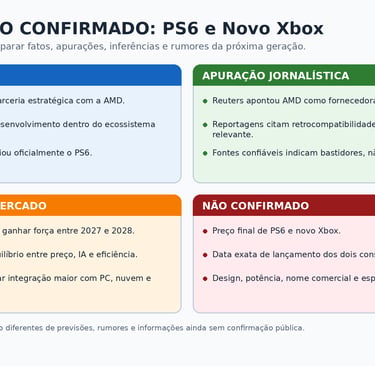 Quadro separa fatos e rumores sobre PS6 e novo Xbox.