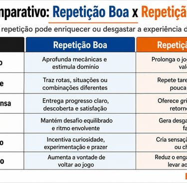 Quadro comparando repetição boa e cansativa nos games