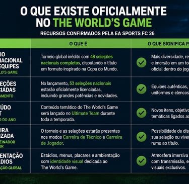 Quadro com recursos oficiais do The World’s Game em EA Sports FC 26