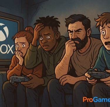 Quatro gamers assustados assistem a más notícias sobre o Xbox em uma TV antiga, sentados em um sofá.