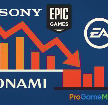 Logotipos de empresas de games em frente a gráfico de queda sobre a lei das loot boxes.