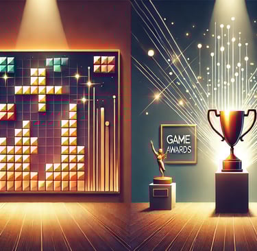 galeria de jogos digitais à esquerda e uma vitrine de prêmios à direita, conectadas por luzes