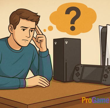 Jovem pensativo diante de Xbox, PlayStation e Steam Deck com ponto de interrogação.
