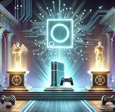 Três relíquias estendidas em pedestais representando uma trilogia de jogos remasterizados,.