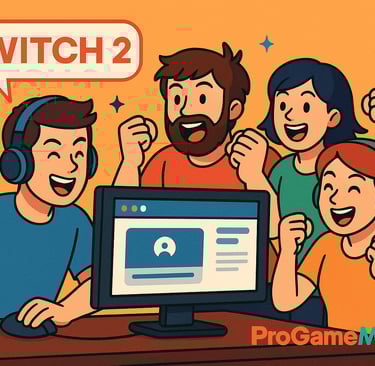 Gamers vibram ao assistir live do Switch 2 em ilustração estilizada e colorida.