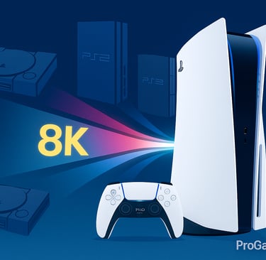 PS5 Pro conectado a consoles antigos por raios de luz representando retrocompatibilidade.