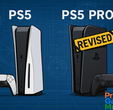 PS5 padrão ao lado de PS5 Pro revisado com selo técnico.