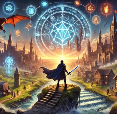 herói em uma paisagem fantástica, com uma cidade medieval ao longo, runas mágicas e criaturas