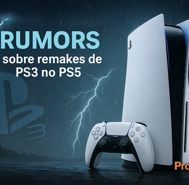 PS5 iluminado sob tempestade com logo do PS3 ao fundo.