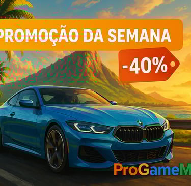 Carro esportivo azul corre por estrada tropical havaiana ao pôr-do-sol com banner de 40 % de descont