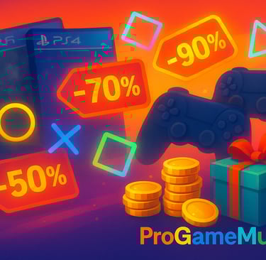 Colagem horizontal com capas de jogos, controles e etiquetas de desconto até 90 % em cores neon 
