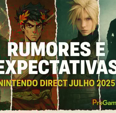 Colagem de personagens de Elden Ring, Hades e Final Fantasy com o título Rumores e Expectativas.