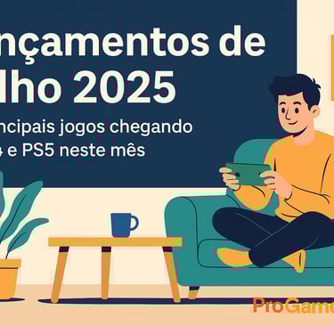 Jovem sentado jogando console portátil sob banner que anuncia Lançamentos de Julho 2025