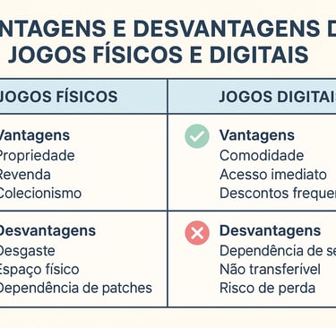 Tabela visual comparando vantagens e desvantagens de jogos físicos e digitais