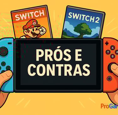 Switch 2 em modo portátil exibindo “Prós e Contras”, representando análise de compatibilidade e ecos