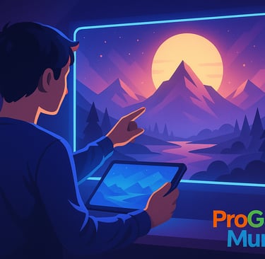 Jogador interagindo com paisagem digital em tablet, simbolizando a era dos jogos digitais.