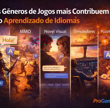 Ilustração comparando gêneros de jogos e suas contribuições para diferentes habilidades linguísticas