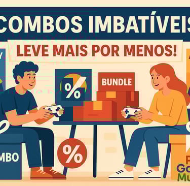 Gamers sorridentes descobrem um pacote promocional com dois jogos, em cenário vibrante de loja