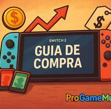 Switch 2 com ícones de preço e moedas, representando o guia de compra e custo-benefício do console.