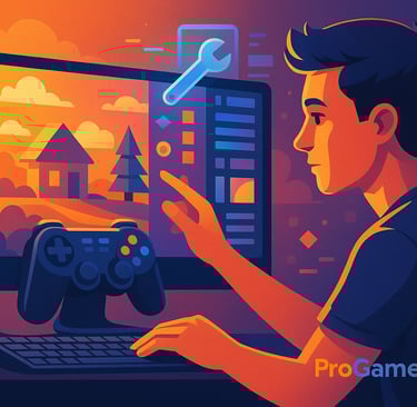 Jovem criando mundo virtual com ícones e ferramentas digitais, representando os jogos como serviço.