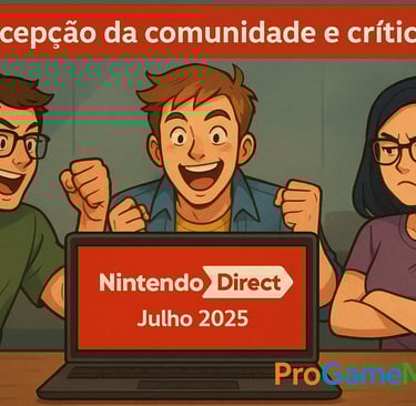 Três pessoas assistindo ao Nintendo Direct com reações diferentes — dois animados e uma contrariada.