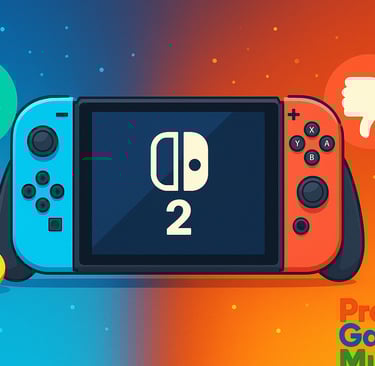 Switch 2 centralizado entre ícones de positivo e negativo, simbolizando prós e contras do console.