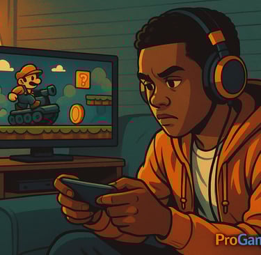 Jovem testando jogo retrô em ambiente criativo, representando a democratização da produção de games.