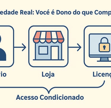 como funciona a posse digital de jogos: usuário, loja, licença e acesso condicionado.