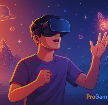 Jovem com headset VR interagindo com borboleta holográfica em cenário digital colorido.