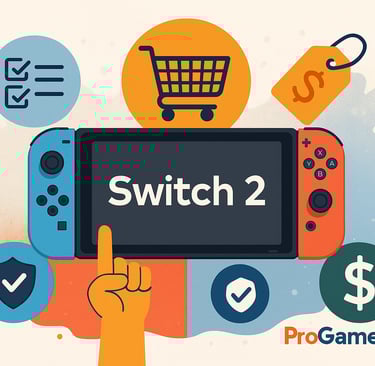 Switch 2 rodeado por ícones de checklist e preço, simbolizando decisão de compra e custo-benefício.