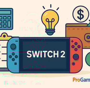 Switch 2 cercado por ícones de finanças e ideias, representando o G. de compra e planejamento do jog