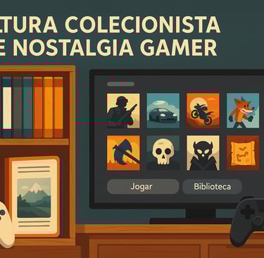 comparando coleção física de jogos com biblioteca digital moderna em tela de console.