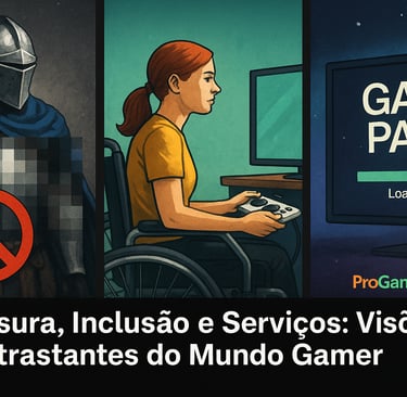 Arte com três cenas: censura, acessibilidade e Game Pass.