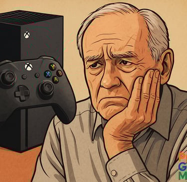 Homem pensativo diante de um console e controle Xbox, representando o momento de incerteza e reflexã