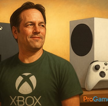 Phil Spencer diante de dois consoles Xbox, simbolizando a liderança e as decisões que definirão o fu